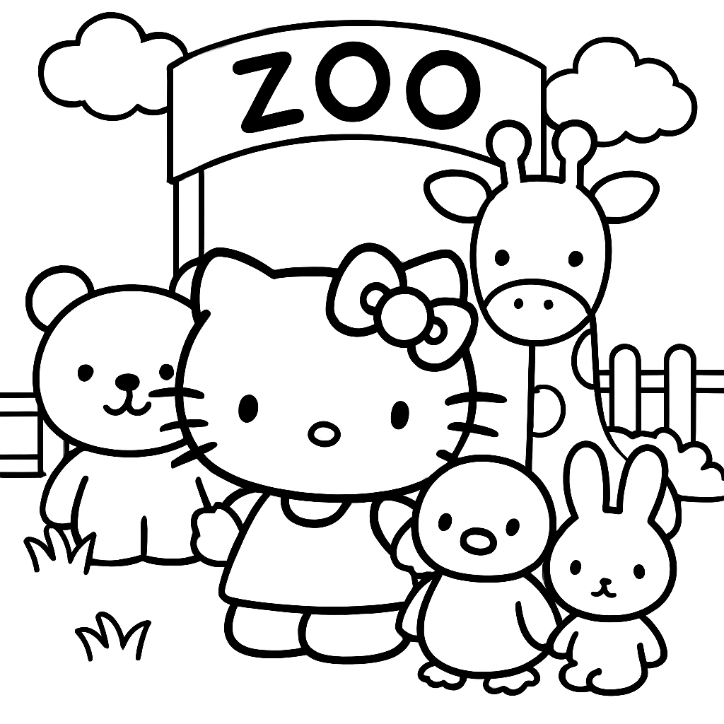 Hello Kitty with a group of animal friends at a zoo